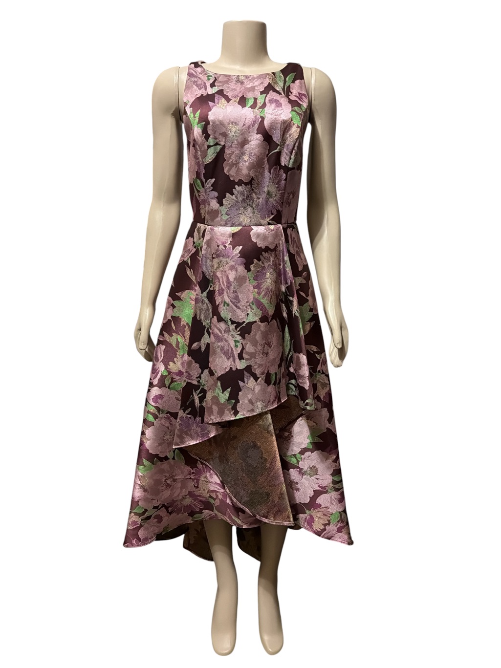 Adrianna Papell Sz 6 Floral Jacquard High-Low Dress Metallic Sleeveless Cocktail